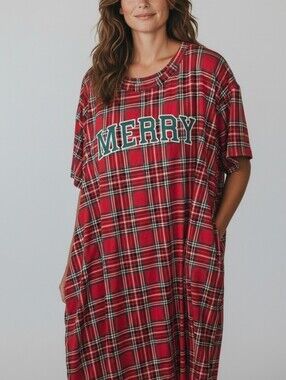 Cozy Red Plaid Holiday Nightshirt with MERRY Graphic